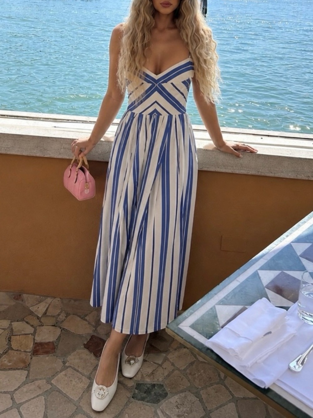 Antonio Melani Blue and White Striped V-Neck Midi Dress